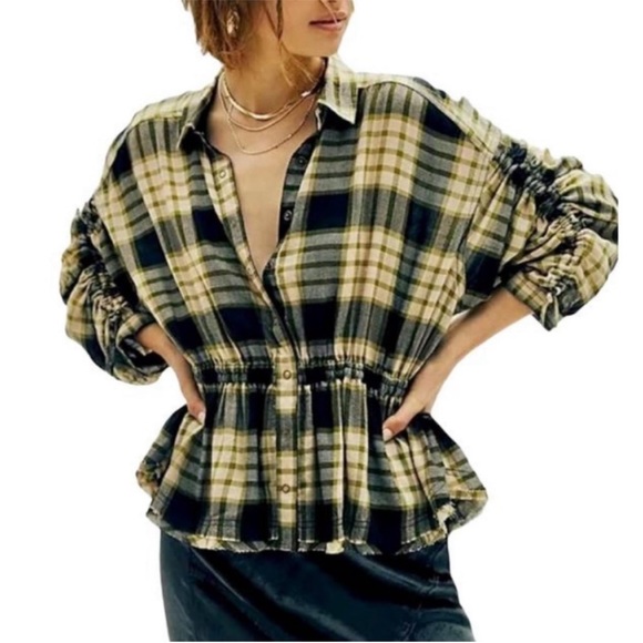 💜Firm Price💜Free People Plaid Ruched Sleeve Shirt - Picture 3 of 16